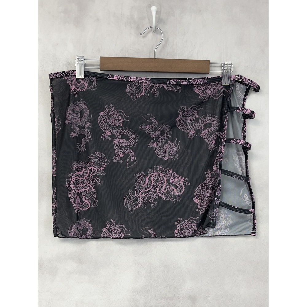 Y2K Dragon Print Mesh Mini Skirt Women XL Sheer Stretch Strappy Indie Goth Cyber